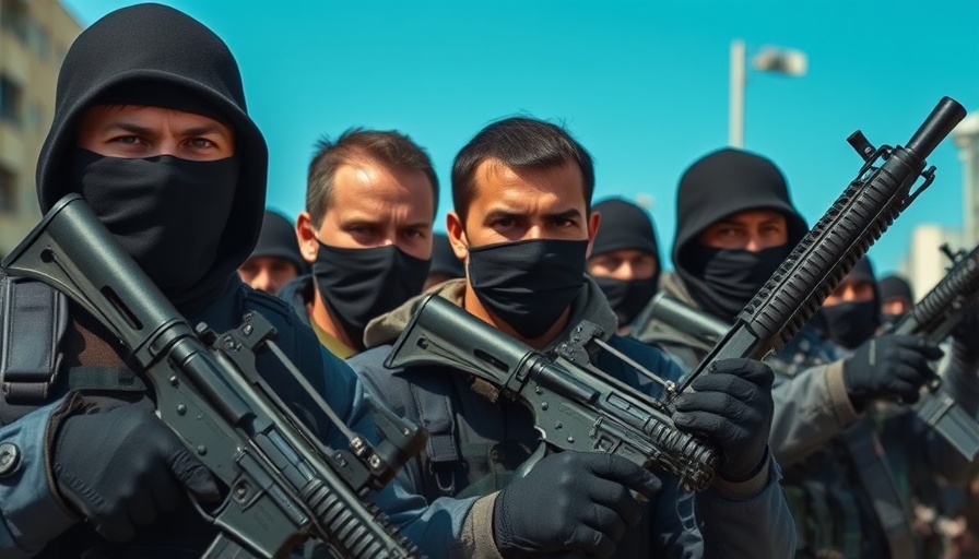 Tense group of armed men with rifles in urban setting under blue sky.