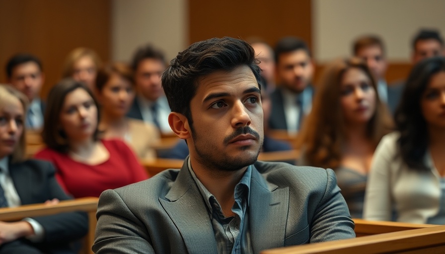 Courtroom scene with a composed individual reflecting.