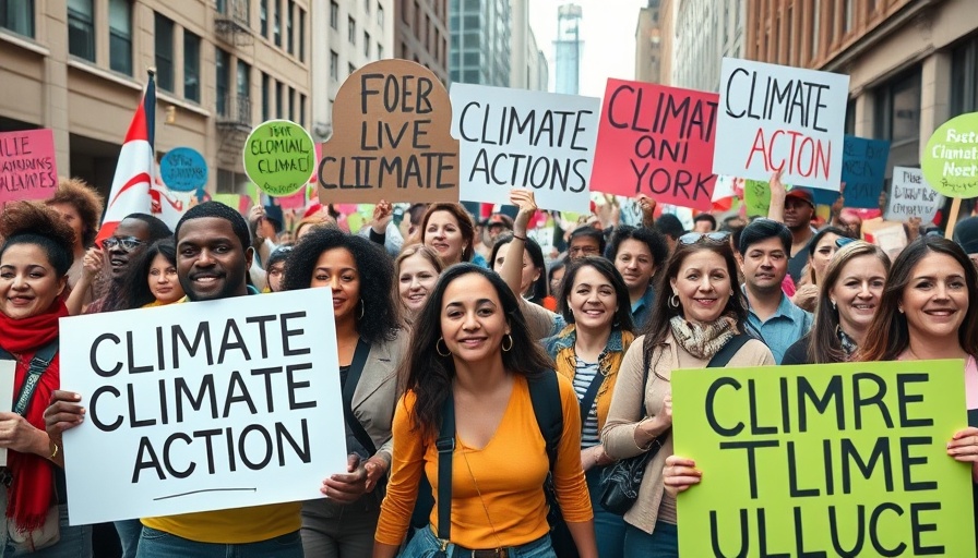 Vibrant climate protest with diverse group and colorful signs.