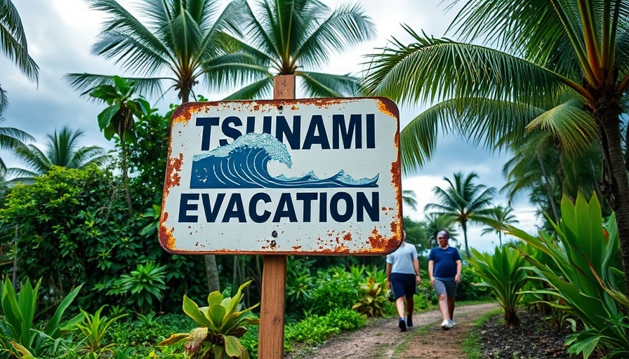 Worn tsunami evacuation sign and pathway with tropical vegetation.