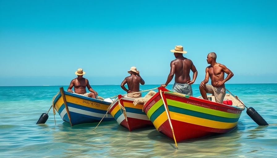 Fishermen in the Caribbean preparing boats, highlighting hunger challenges.