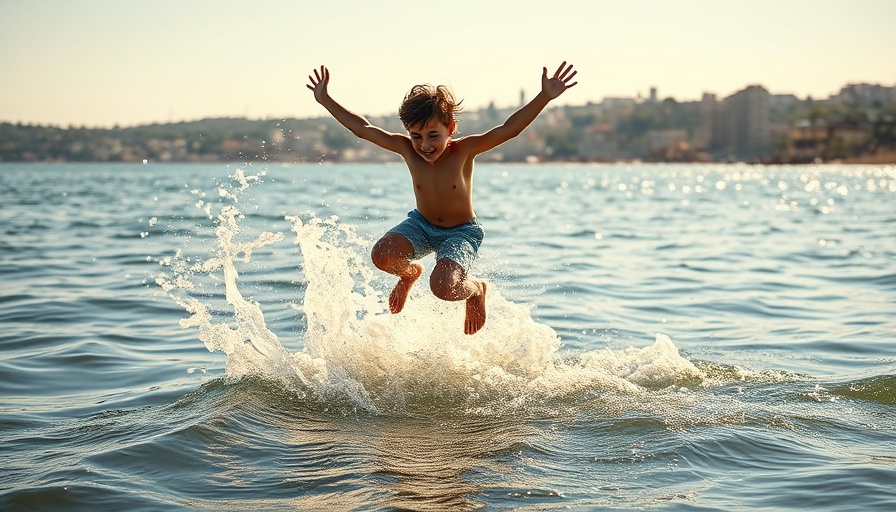 Boy jumping into water during heatwave in Morocco.