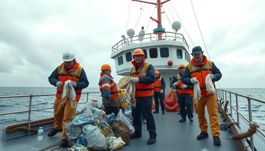 Crew collects plastic waste on ship for global action on plastic pollution.