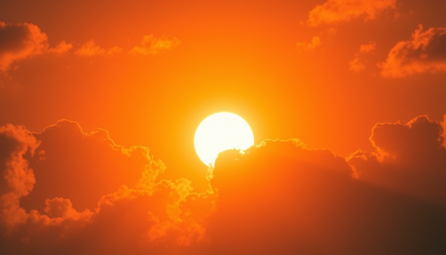 Blazing sun amidst clouds represents extreme heat records.