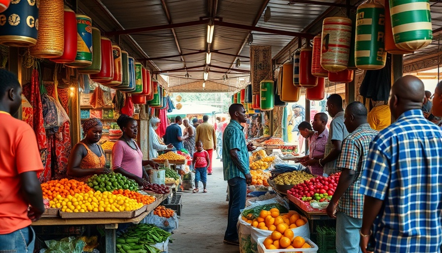 Vibrant Nigerian market highlighting inclusive design for unbanked.