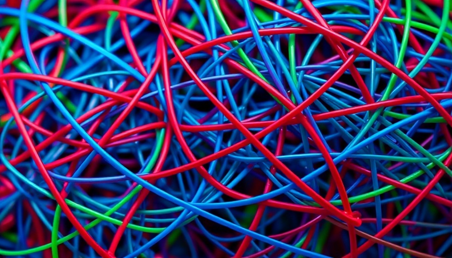 Abstract design with blue, red, green interwoven lines.