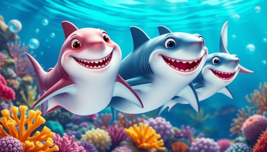 Colorful cartoon sharks related to Baby Shark copyright case.