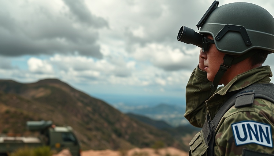 UN peacekeeper patrols Lebanon landscape amid drought impacting Africa.