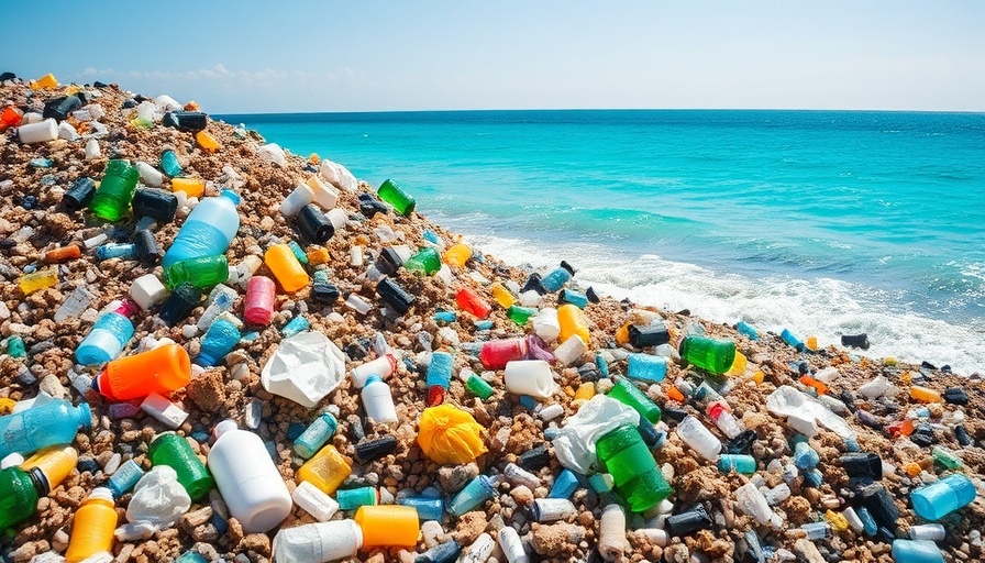 Plastic pollution on beach with ocean background, Africa.