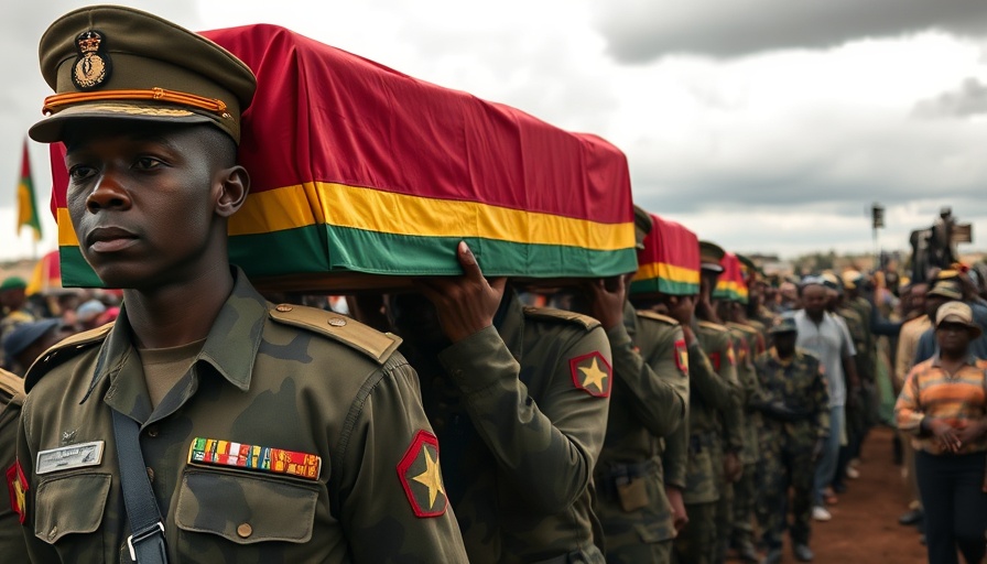 Ghana helicopter crash victims honored by uniformed military carrying flag-lined coffins.