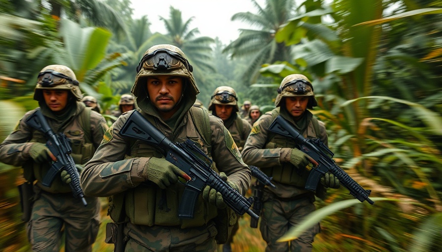 DRC soldiers on patrol in jungle, tense and alert, during conflict discussions with M23.
