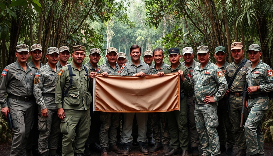 Diverse military group with banner in jungle setting