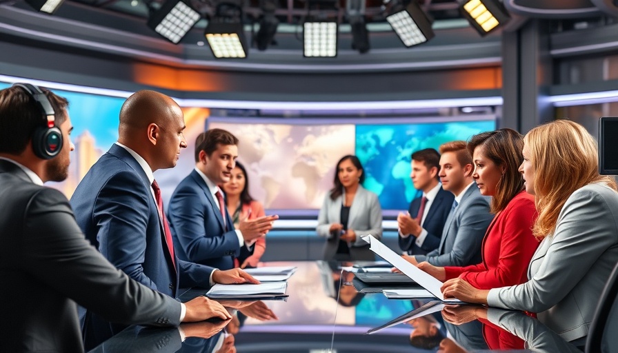 Diverse news reporters working in an advanced newsroom setup.