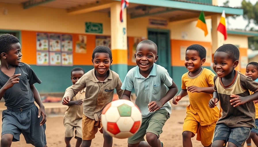 Children playing near a school in Ethiopia to promote education.