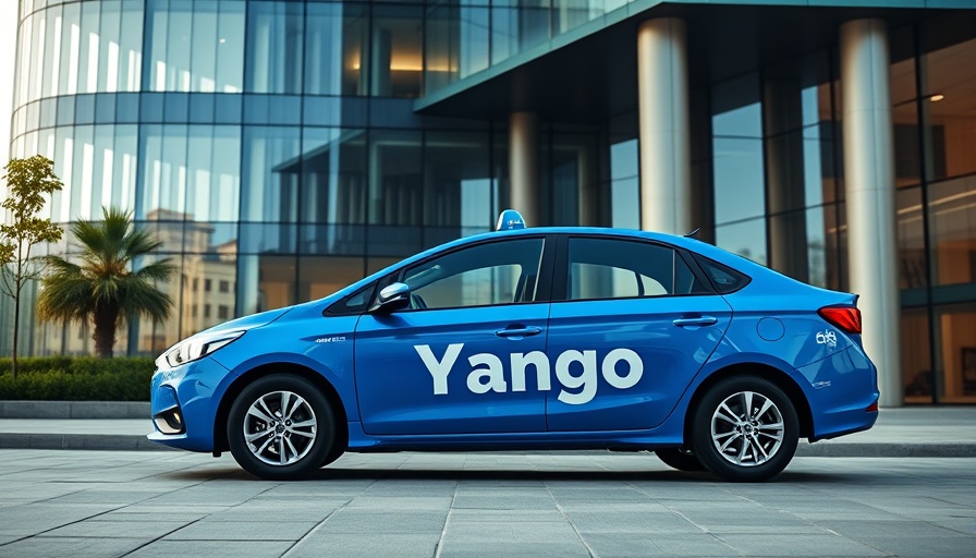 AI in Africa: Blue taxi with Yango logo in front of modern building