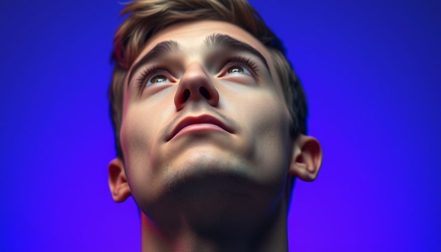 A young man gazing upwards with a soft gradient background.