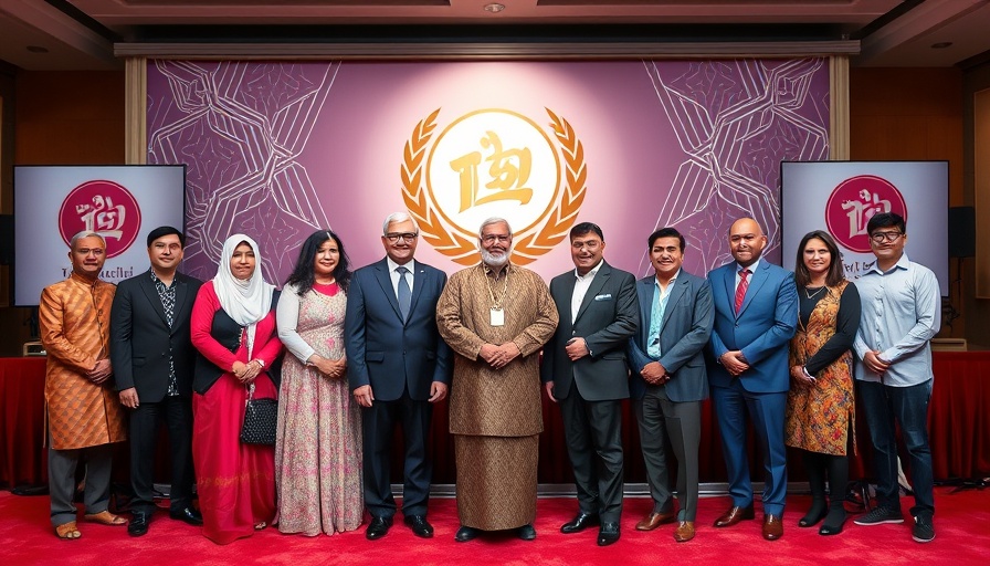 Group at formal event with Nigerian emblem and branding.