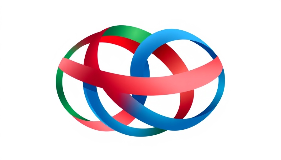Abstract logo with red, blue, and green bands symbolizes Rwanda refugee solutions.