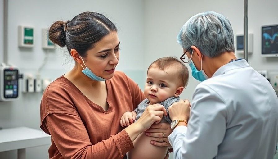 Concerned caregiver holding child getting vaccinated in medical clinic, measles outbreak Indonesia.