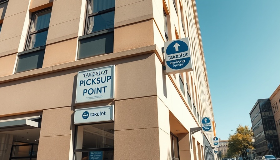 Takealot building pickup point exterior, South Africa, sunlight.