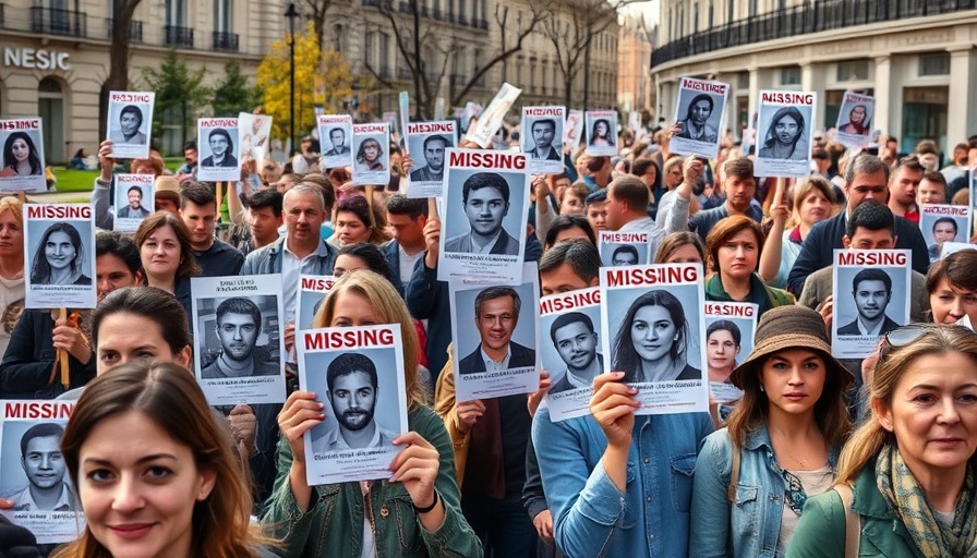 Protest against missing persons crisis, people holding photos.