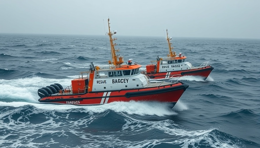 Rescue boats navigating ocean waves after boat capsizes near Mauritania.