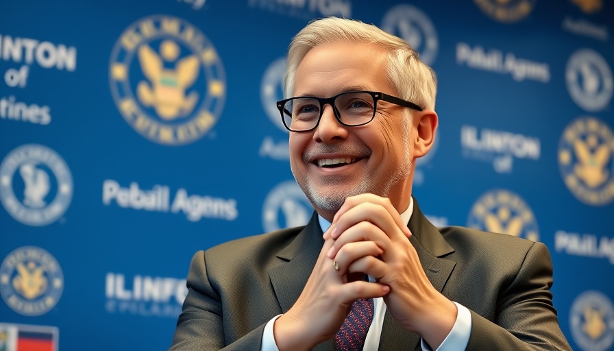Middle-aged man smiling in front of official backdrop at crypto course.