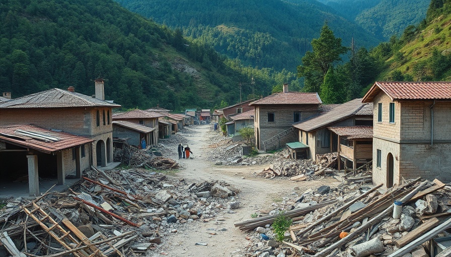 Earthquake in Afghanistan: damaged village surrounded by lush mountains