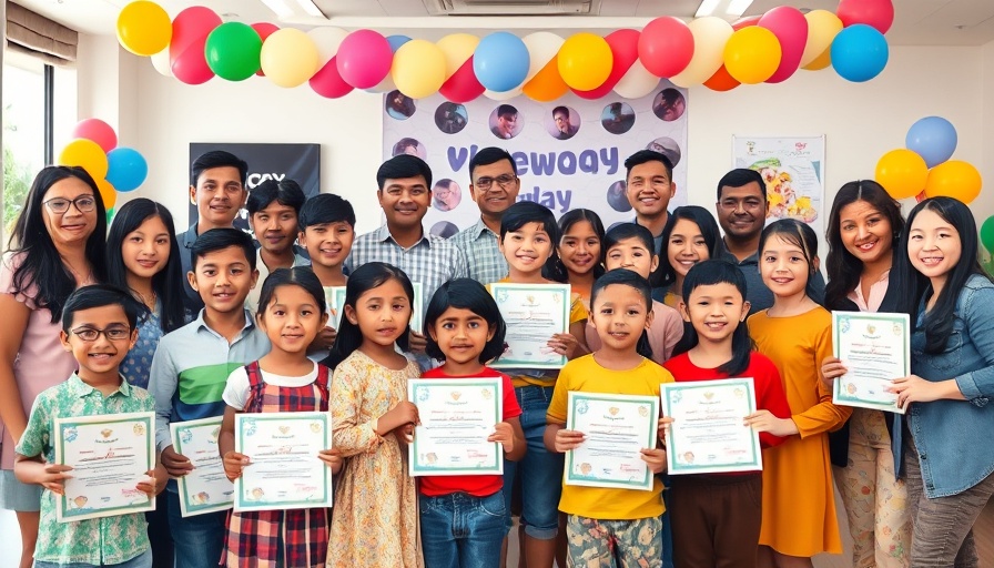 African startups event with children holding awards, colorful setting