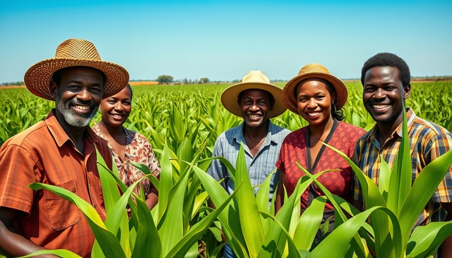 African farmers working in cornfield under blue sky, AI in Africa