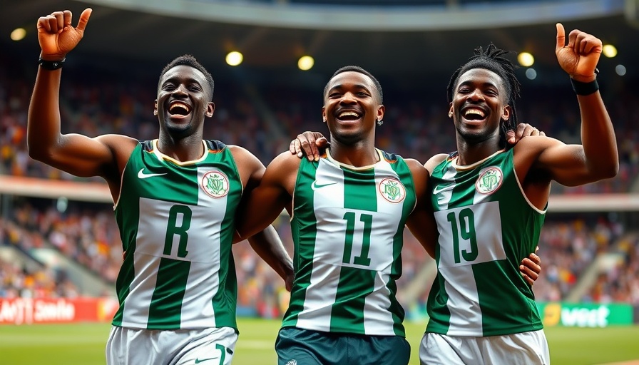 Nigerian athletes celebrating with national flag at sporting event.