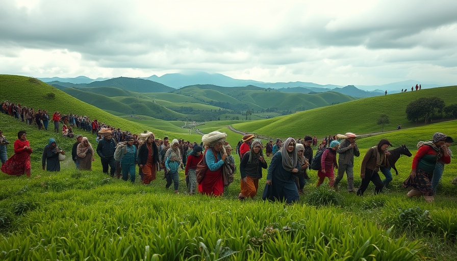People navigating hills during Sudan humanitarian crisis.