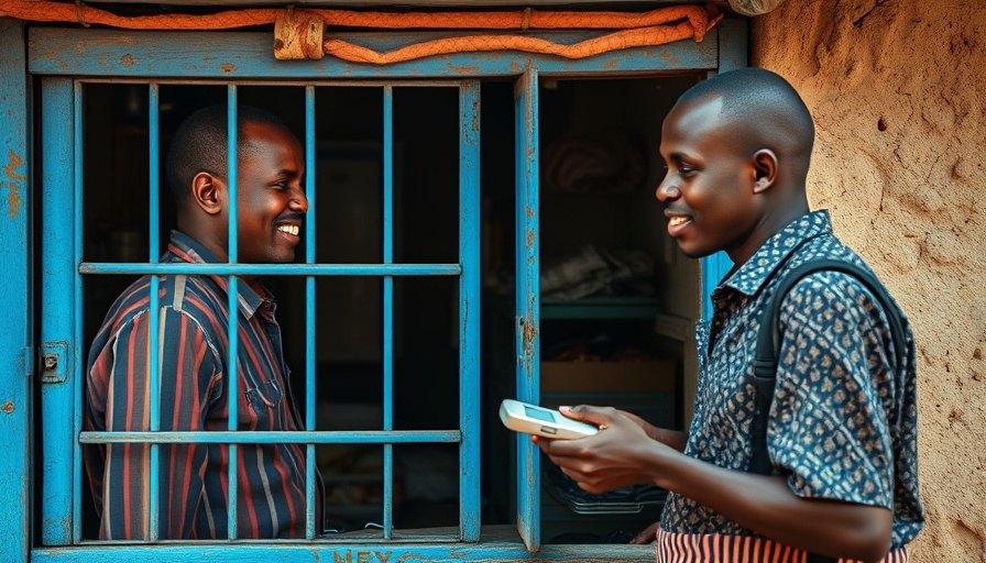 Interoperability in Africa: Two men at a small kiosk exchanging a device.