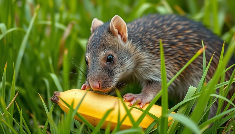 An African giant pouched rat nibbling a banana outdoors, highlighting their role in saving lives.