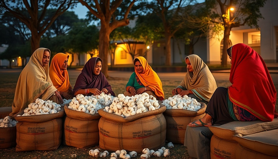 Scene from Sudanese Feminist Drama Cotton Queen, women discussing around cotton bags.