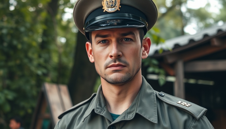Close-up of a uniformed man outdoors, serious expression.
