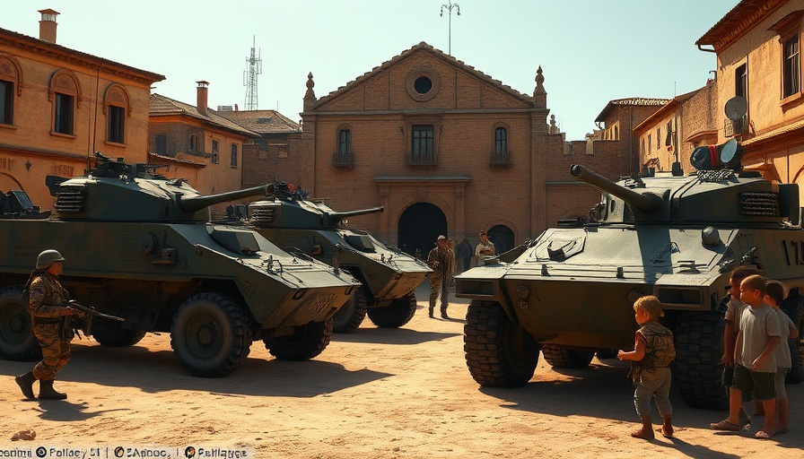 Military vehicles in Mali town square during fuel blockade.