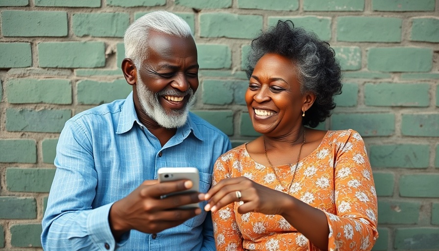 Older African couple happily engaging with phone technology.