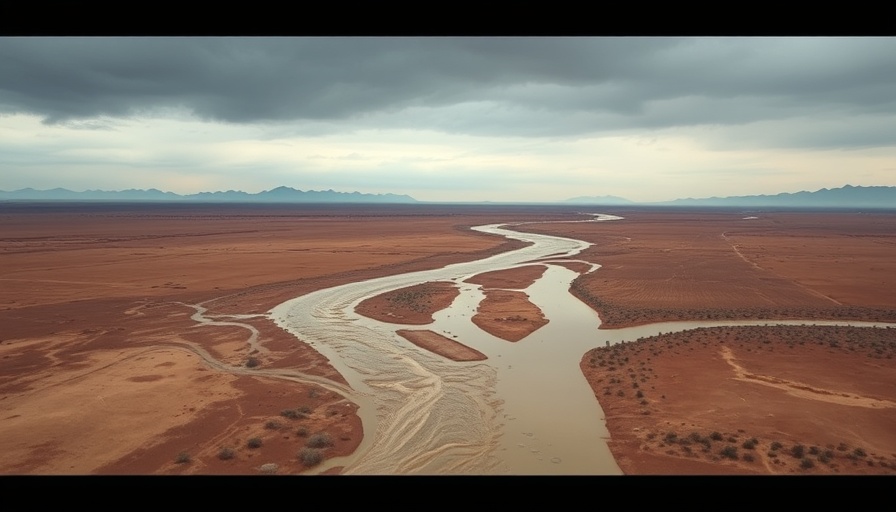 Aerial view of flash flood in Morocco, muddy river in desert landscape.