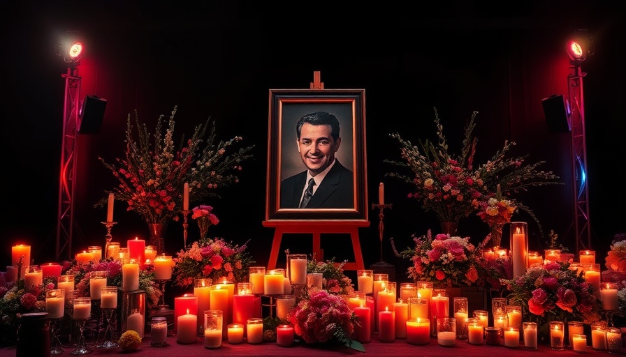 Candlelit memorial with large portrait and red-blue lighting, Charlie Kirk assassination news.