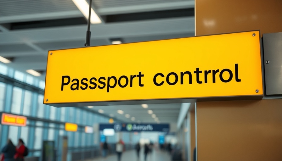 Yellow passport control sign in airport setting.