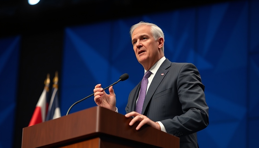 Confident politician speaking at podium during political event.