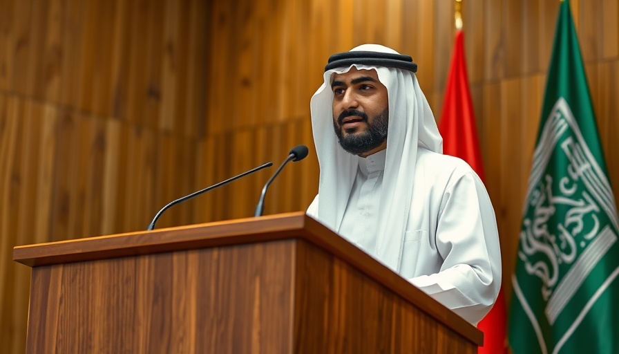 Arab leader in traditional attire addresses audience, podium and flag background.