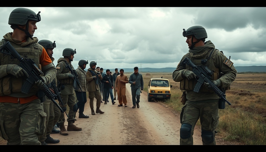M23 recruitment scene in DRC conflict with soldiers and civilians on road.