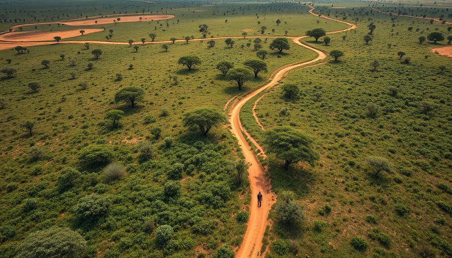Aerial view of vast African savannah with natural pathways.