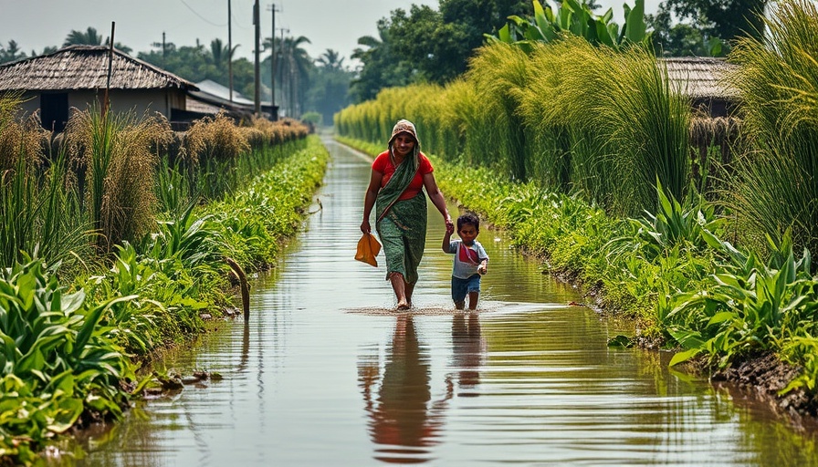 Woman and child in rural flood, highlighting Africa floods and storms global heating impact.