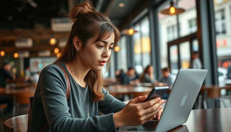 Young woman focused on laptop and phone in a modern cafe, African talent retention