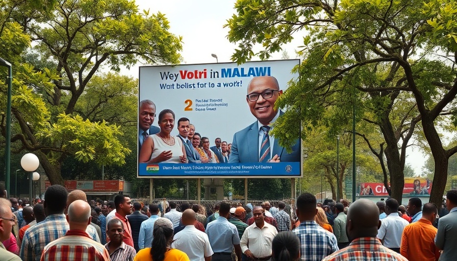 Malawi election 2023 results: Voters gathered by a campaign billboard.