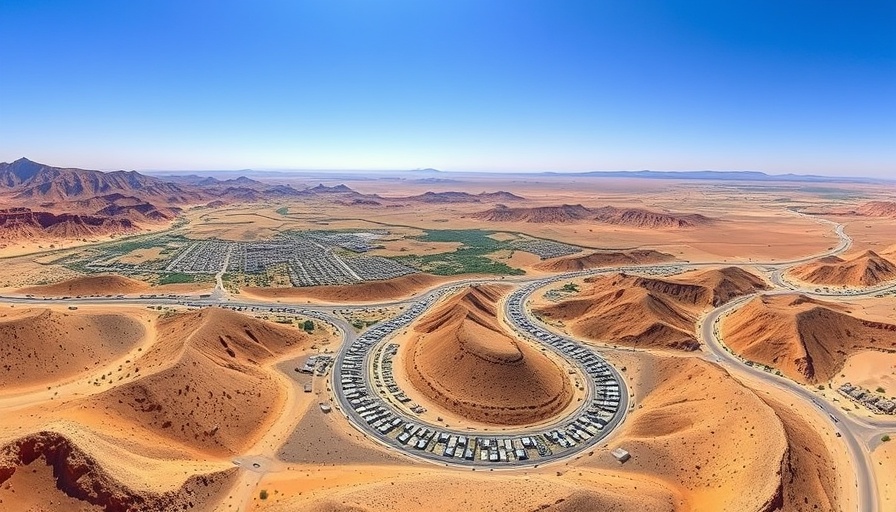 Aerial view of a settlement in desert hills linked to UN blacklist companies.