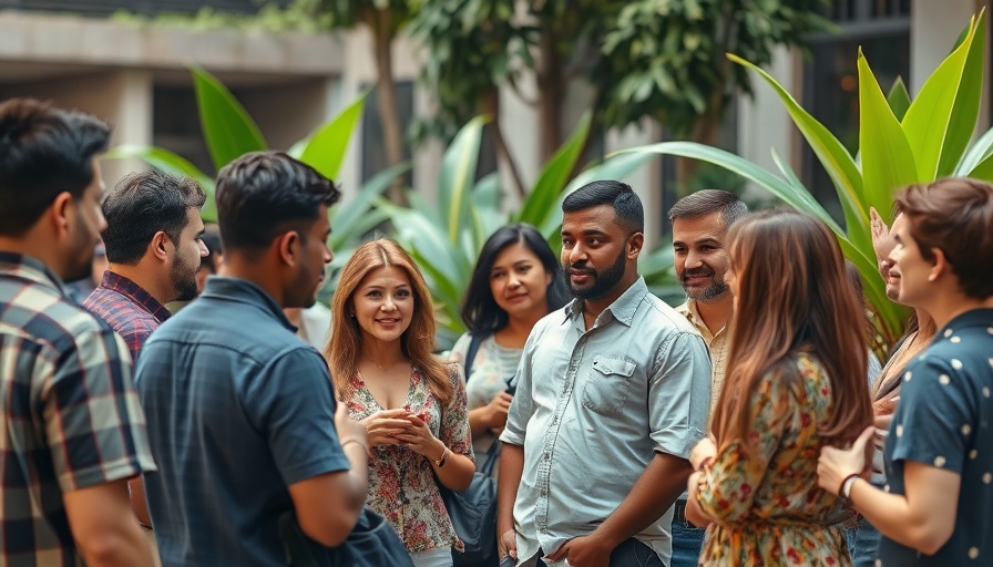 Group gathering in urban setting, reflecting community engagement.